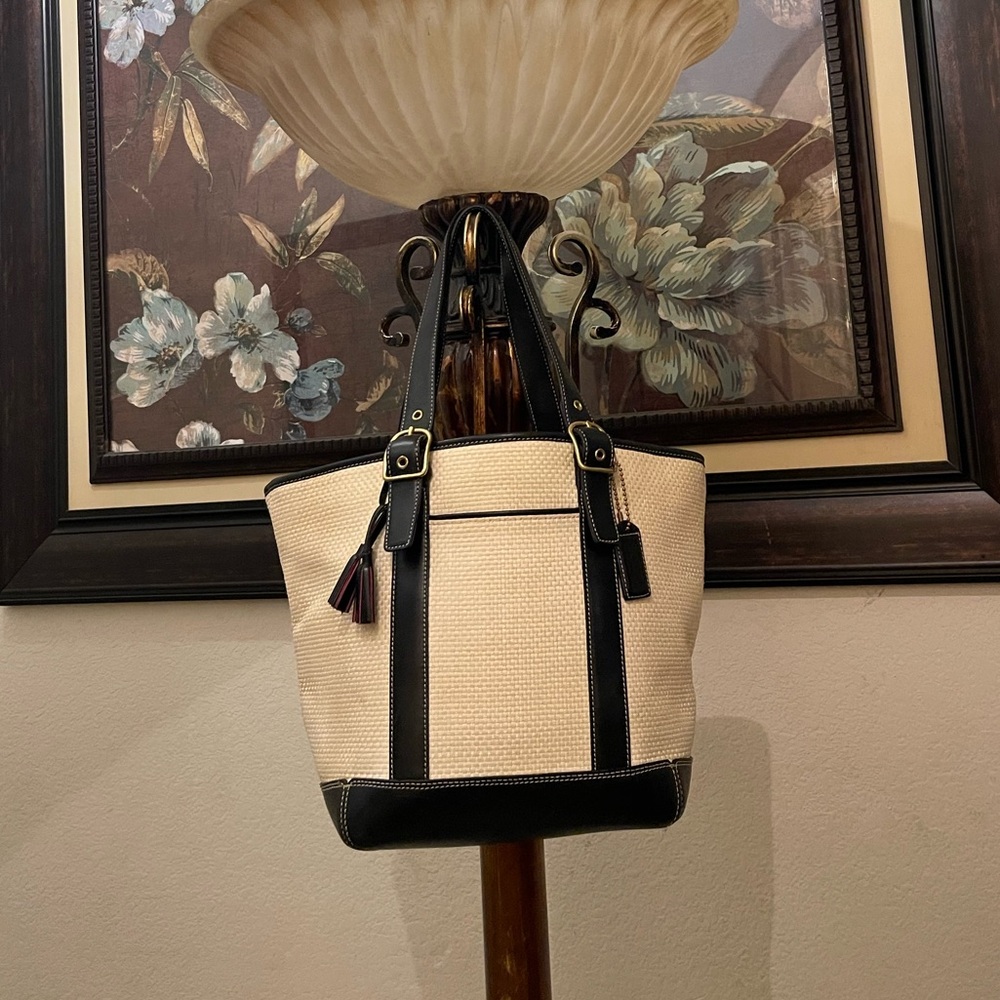 Coach Cream and Black Straw Tote